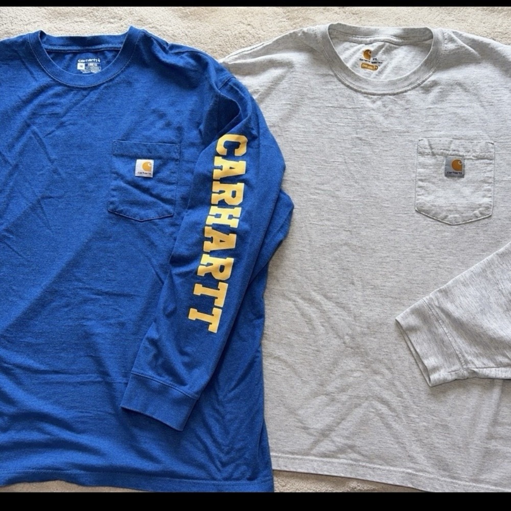 Lot of 2 Carhartt Men's 3XL Heavyweight Sleeve Logo Long Sleeve Shirts Blue Gray